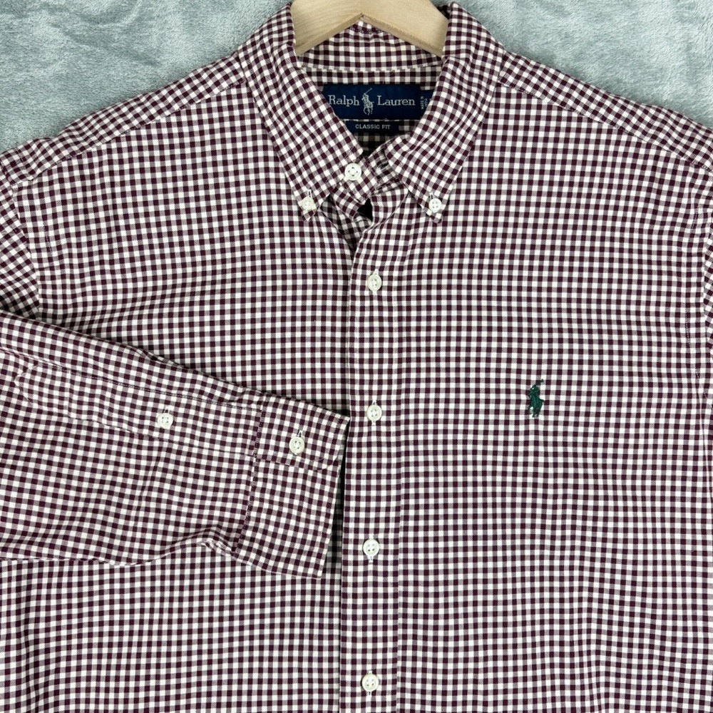 Ralph Lauren Shirt Mens Large Classic Fit Burgundy Gingham Button Down